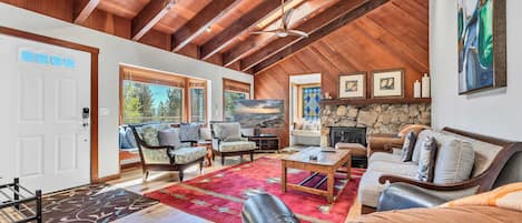 Télévision, cheminée, lecteur de DVD, livres