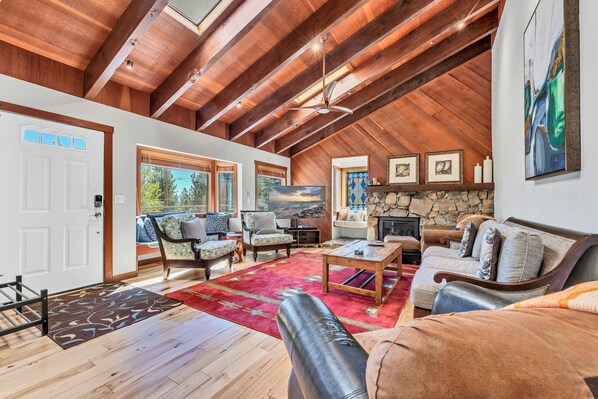 TV, fireplace, DVD player, books