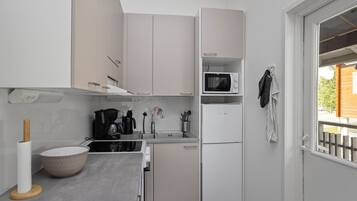 Fridge, microwave, dishwasher, cookware/dishes/utensils