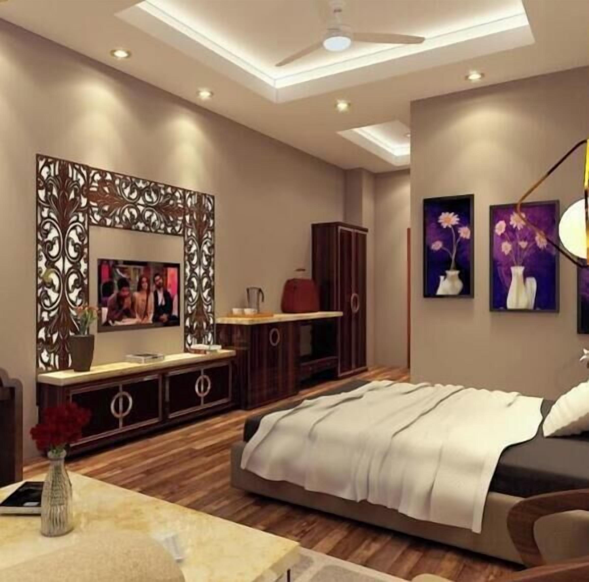Minibar, desk, laptop workspace, blackout curtains