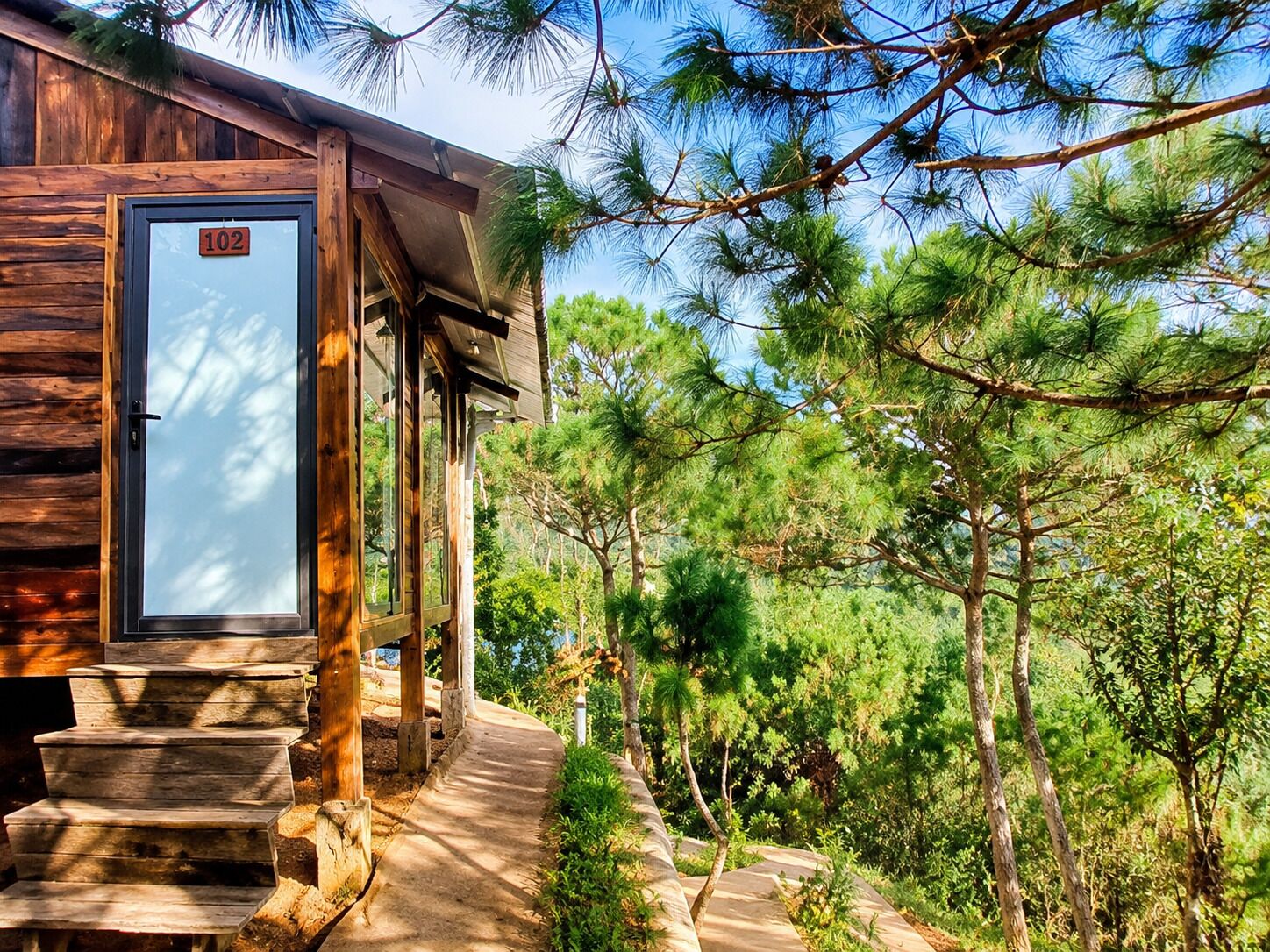 Une cabane en bois portant le numéro 102, entourée de pins.