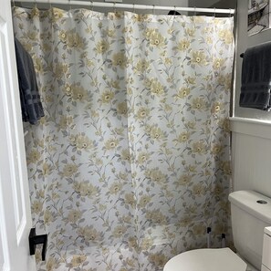Hair dryer, towels, soap, toilet paper