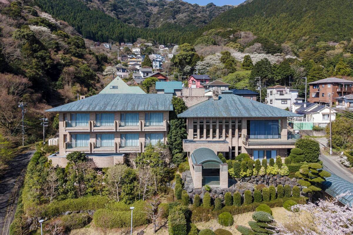 A residential area with modern houses, a well-maintained garden, and a mountainous backdrop.