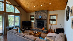 Smart TV, fireplace, DVD player, books