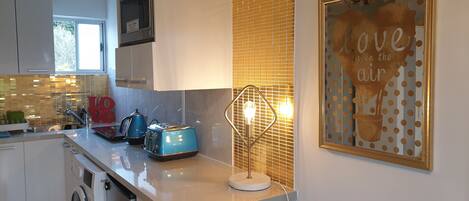 Fridge, microwave, stovetop, electric kettle