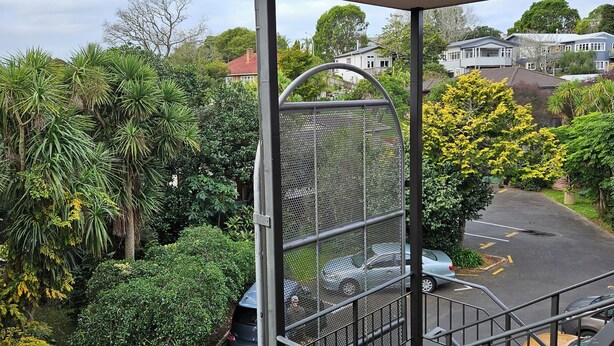 A view from a balcony with a metal railing overlooking a parking area and a row of houses. - CUTE, COMFY, AFFORDABLE STUDIO 23 +CARPARK  (Auckland)