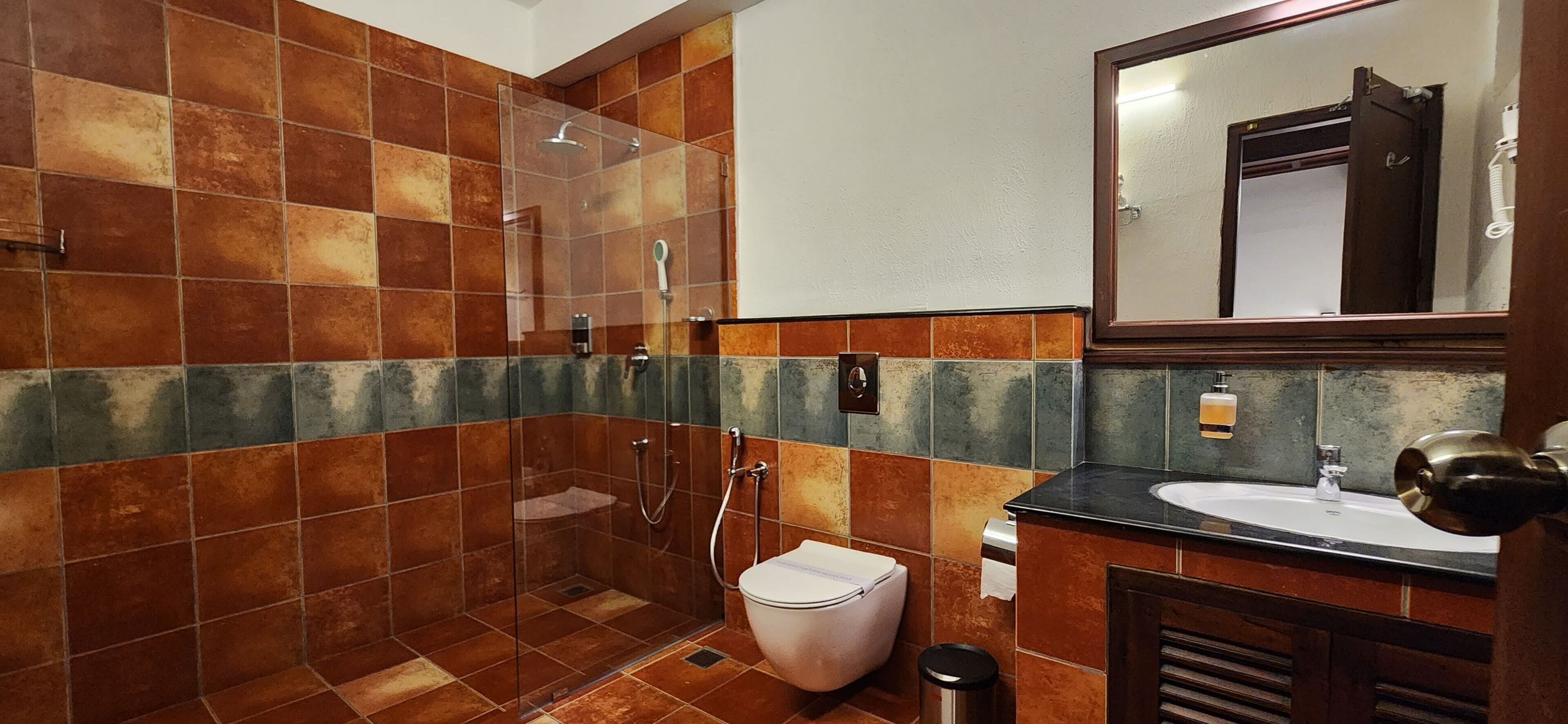 A bathroom with a glass-enclosed shower, a white toilet, and a sink with a mirror above it.