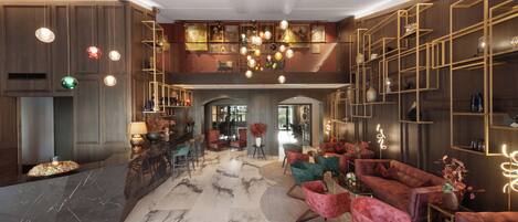 A spacious, elegantly designed interior with a central open-plan area, a kitchen with a marble countertop, and a dining area with red upholstered chairs.