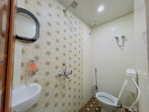 Shower, rainfall showerhead, towels, soap