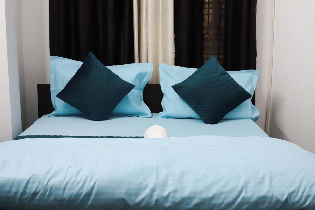 A bed with two pillows, a white object on the bed, and a window with curtains.
