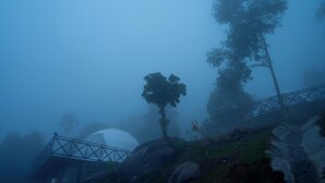 A foggy outdoor scene with a dome structure, a metal staircase, and trees. - Nexstay Karimb Resorts (Thamarassery)