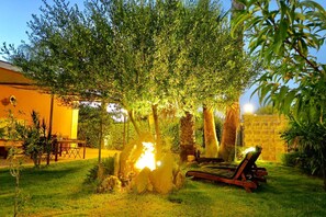 Un jardín con una palmera, un banco de madera y una mesa.