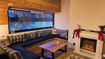 Smart-tv, een open haard, videospelletjes en boeken