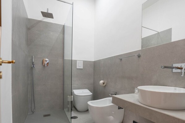 Shower, hair dryer, bidet, toilet paper
