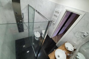 Shower, hair dryer, bidet, towels