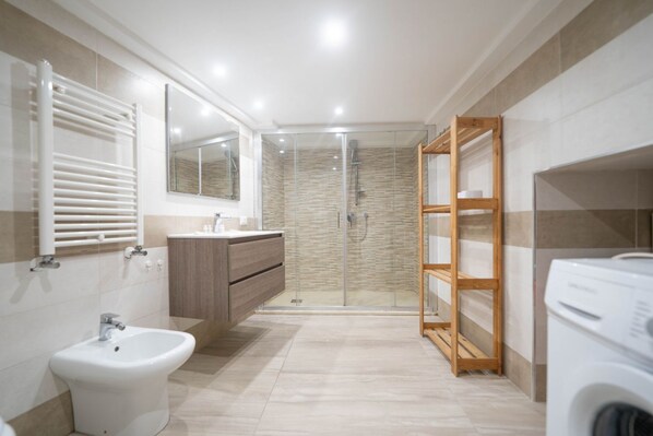 Shower, hair dryer, bidet, toilet paper