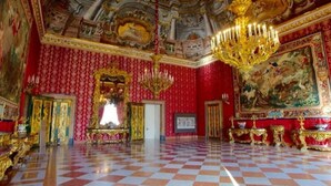 An opulent room with ornate decorations, a chandelier, and a checkered floor. - King Ferdinando IV by Dimorra (Napoli)