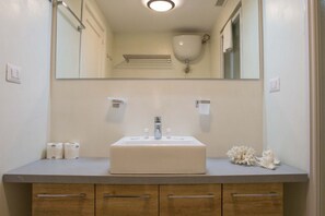Een douche, een haardroger, een bidet, handdoeken