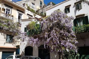 A building with multiple balconies and a tree with purple flowers. - St Annas Roofs by Dimorra (Napoli)
