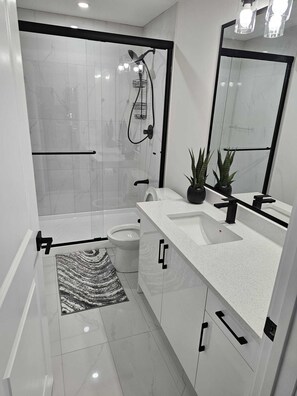 Hair dryer, towels, soap, toilet paper