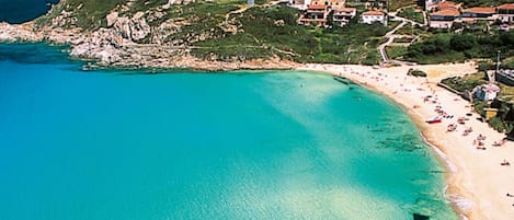 On the beach, sun loungers, beach towels