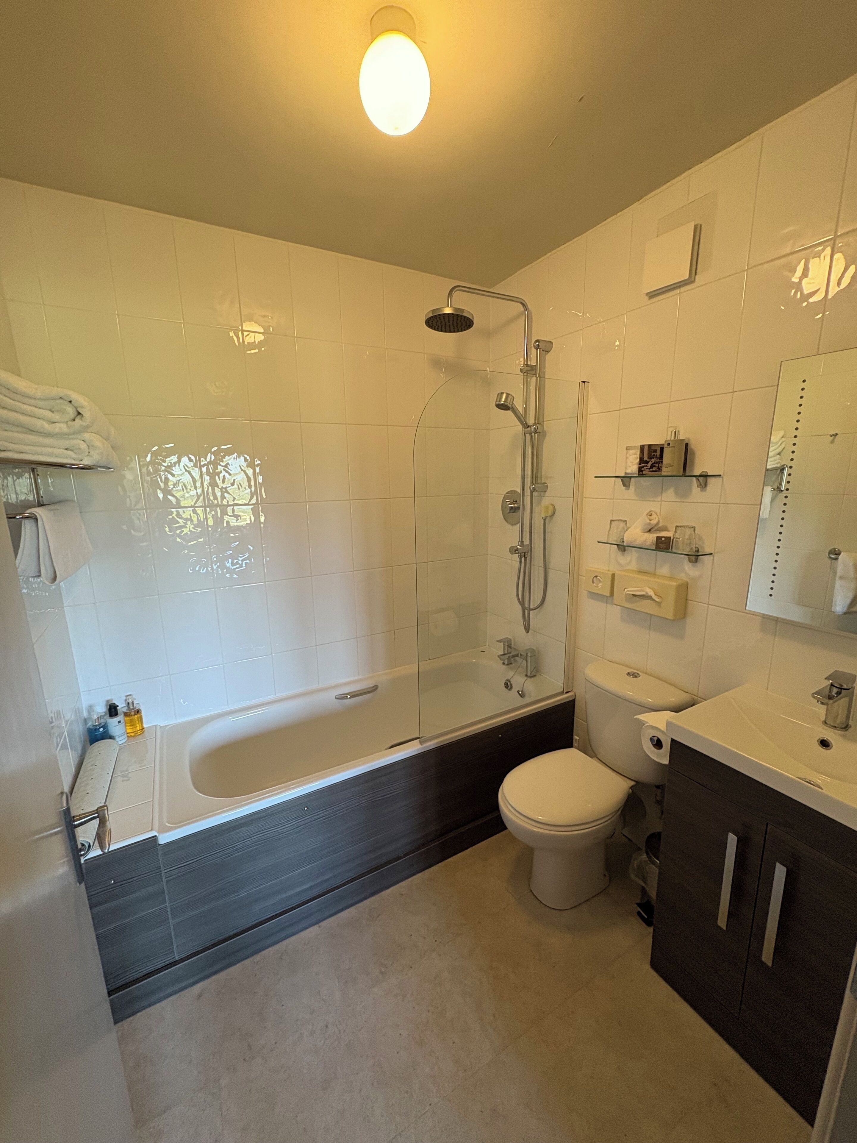 A modern bathroom with a glass-enclosed shower, a bathtub, a toilet, and a vanity with a mirror.