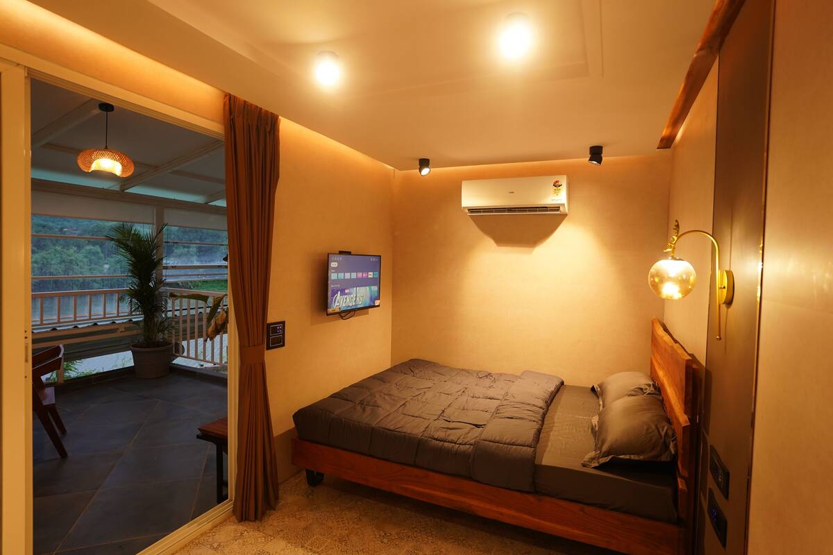 A bedroom with a bed, a TV, an air conditioner, and a balcony with a plant.