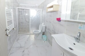 Douche, sèche-cheveux, chaussons, serviettes fournies