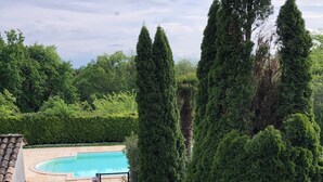Ein Weg führt zu einem Schwimmbecken, das von üppigem Grün und hohen Bäumen umgeben ist.