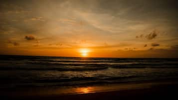On the beach, sun-loungers, beach towels