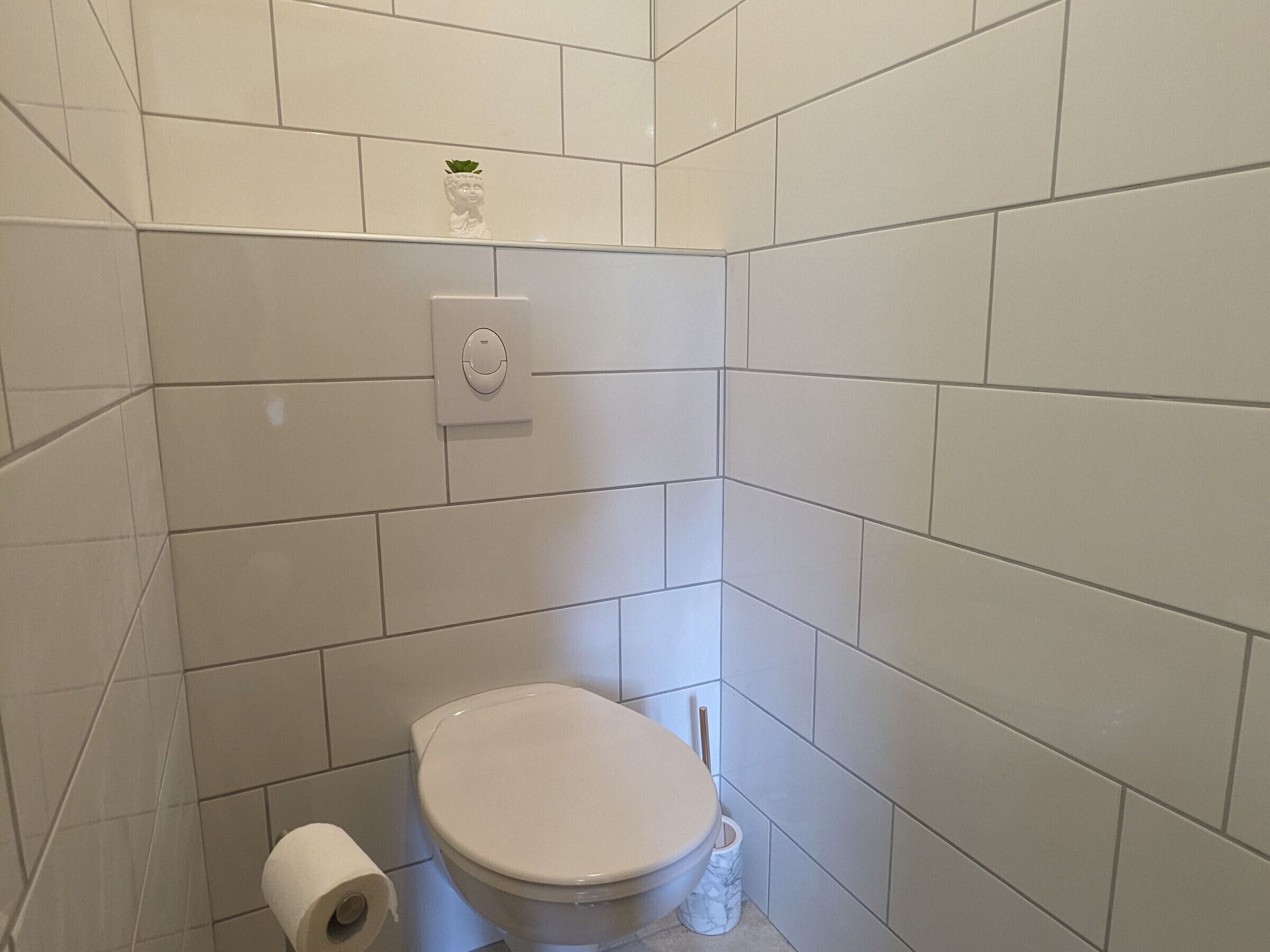 Une petite salle de bain propre, avec des carreaux blancs, des toilettes, un rouleau de papier toilette et une petite étagère sur laquelle est posée une plante.