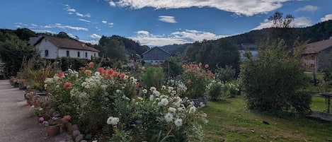 Paisaje rural con jardín, camino de piedra y casas tradicionales.
