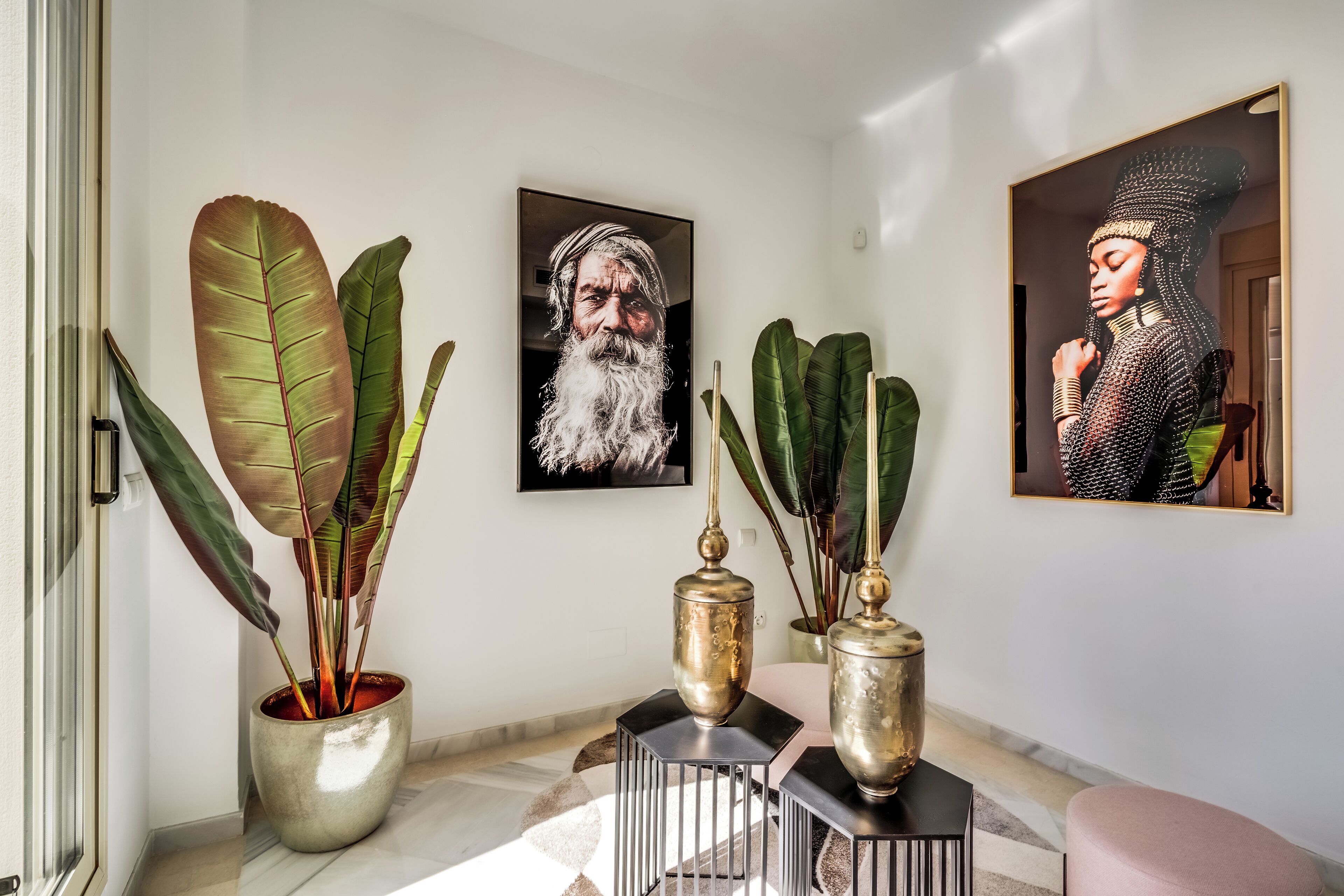 A modern interior with large potted plants, framed artwork on the walls, and a minimalist design.