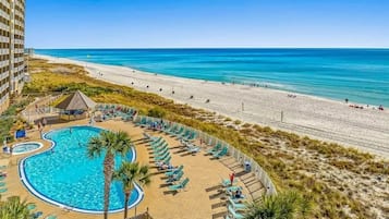 On the beach, sun-loungers, beach towels