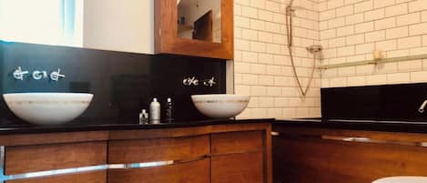 Shower, hair dryer, towels
