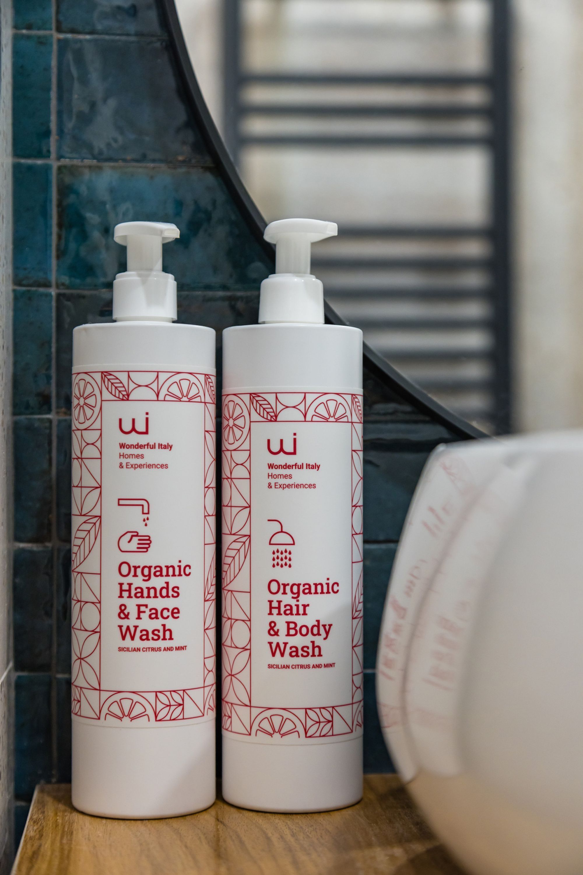 Deux bouteilles de savon biologique pour les mains et le visage, et deux autres de gel douche biologique pour les cheveux et le corps, posées sur une surface en bois.
