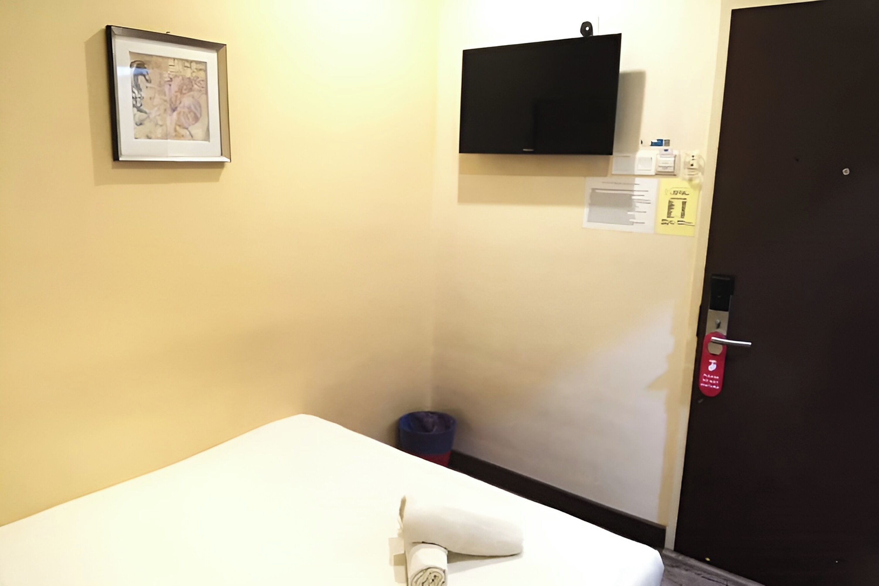 A hotel room with a bed, a framed picture on the wall, a flat-screen TV, a trash bin, and a door with a red emergency exit sign.