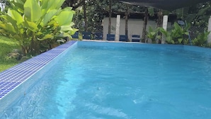 Piscina rectangular con azulejos azules, rodeada de follaje y una valla.