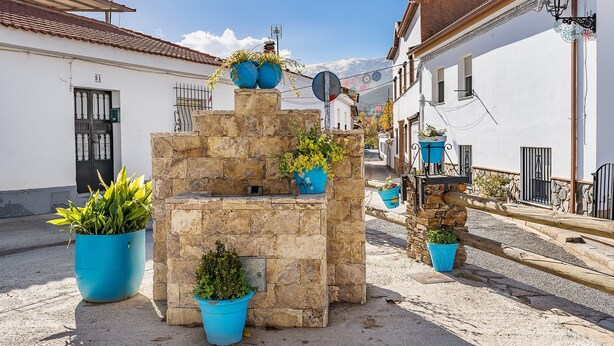 Una fuente de piedra con plantas en macetas, una calle con edificios y un cielo despejado.
