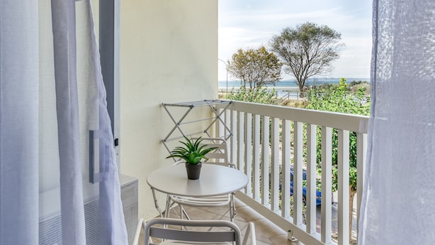 Un balcon avec une table et des chaises, un pot de fleurs et une vue sur la mer et les arbres.