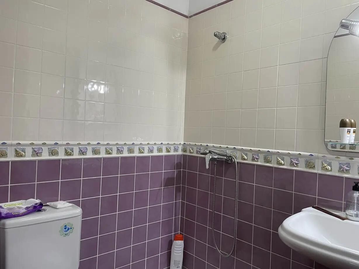 A bathroom with a toilet, a sink, and a shower.