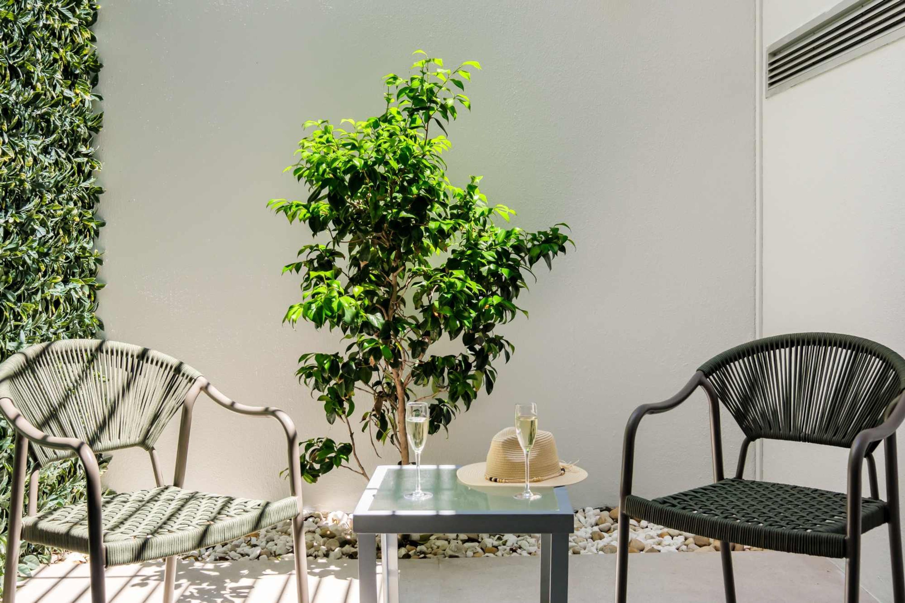 Un patio con dos sillas de mimbre, una mesa pequeña, una planta en maceta y una botella de champán.