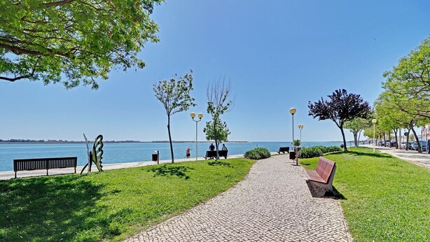 Une promenade dallée, agrémentée de bancs, d’arbres et de lampadaires, longe le bord de l’eau.