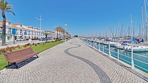 Un port de plaisance où des bateaux sont amarrés le long d’une promenade dallée, bordée de palmiers et de bancs.