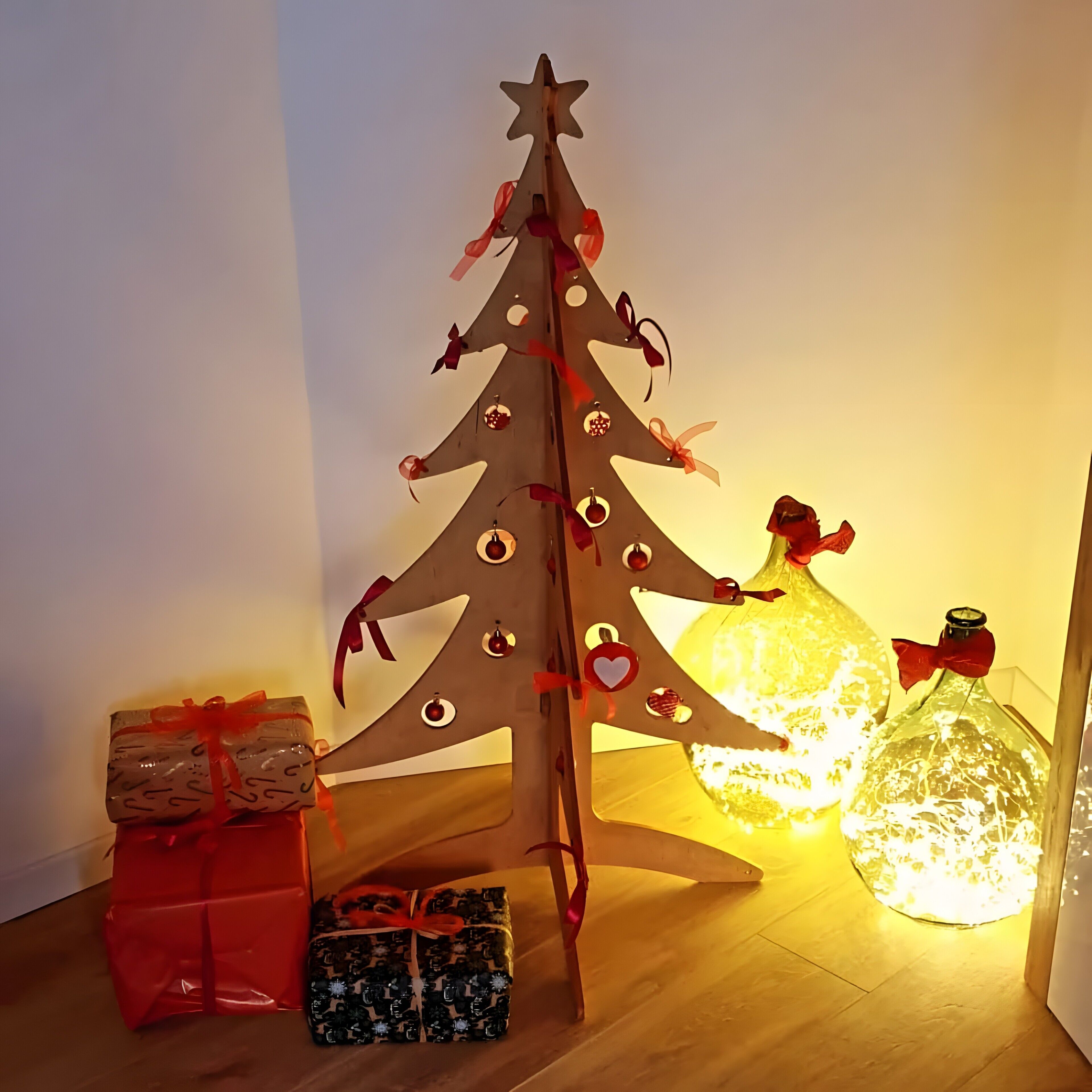 A Christmas tree, two wrapped gifts, and a lit decorative bottle.