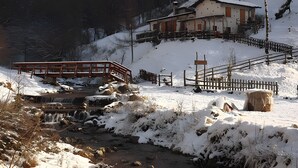 Een besneeuwde bergstreek met een houten brug, een beekje en een gebouw met een besneeuwd dak.
