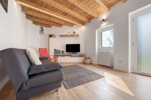 Un salon moderne avec un canapé, un téléviseur à écran plat, des poutres en bois, une fenêtre et un radiateur.