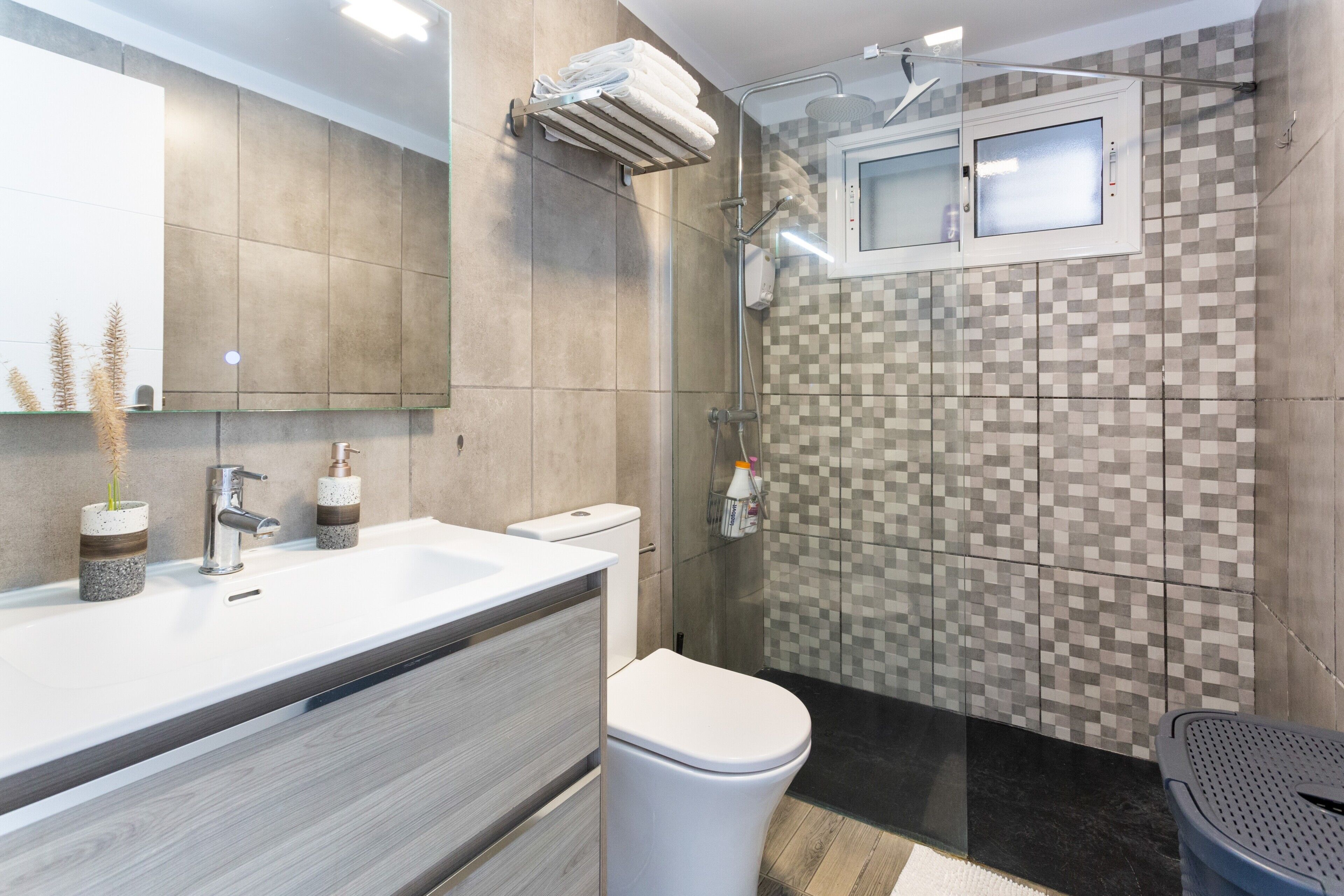 Shower, hair dryer, towels