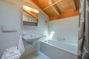 Combined shower/tub, hair dryer, bidet, towels