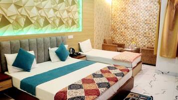 A hotel room with two beds, a modern geometric wall design, a patterned wallpaper, and a marble floor.